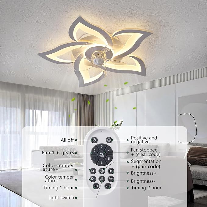 Dalouguan Flush Mount Ceiling Fan with Lights, 24" White Ceiling Fan with Light Remote Control, 6 Speeds 3 Light Color Low Profile Flush Mount Ceiling Fan for Kitchen Bedroom