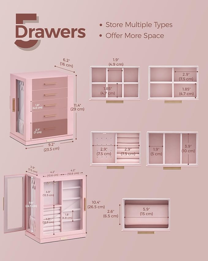 Glimmloop 360° Rotating Jewelry Box with 5 Drawers, Spacious Vertical Jewelry Organizer with Glass Window, Jewelry Storage Case, Dustproof & Moisture-resistant Design, Pink