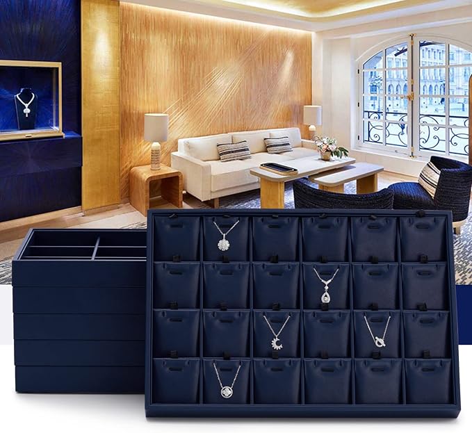 Oirlv Stackable Premium Leather Jewelry Trays 24 Grid Jewelry Organizer for Drawer Rings Earrings Holder Organizer | Blue Leather Exterior, Soft Microfiber Interior, 24 Grid Inserts, Elegant Blue Color, Versatile Jewelry Organizer
