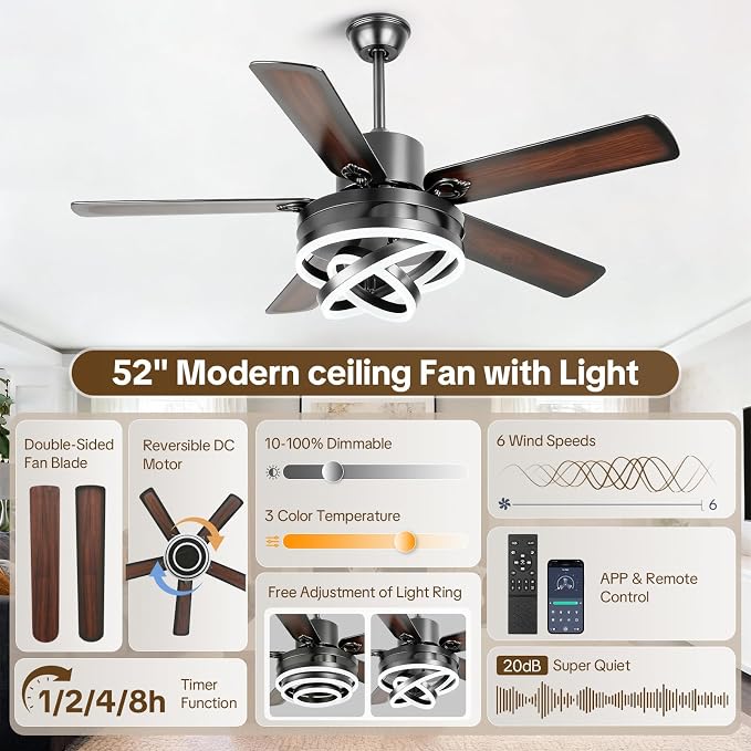 52 Inch Chandelier Ceiling Fans with Lights, Modern Ceiling Fan with Remote Control for Living Room Kitchen, Dimmable, 6 Speed Reversible DC Motor, Dual Finish, Black