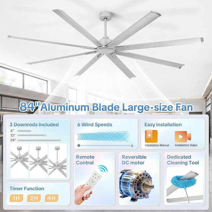 84 Inch Garage Ceiling Fan,Large Ceiling Fans with 6 Speed Timer Remote Control,DC Reversible Motor, 3 Downrods, 8 Blades Industrial Big Ceiling Fan No Light for Big Rooms,Patio,Shop,Warehouse, Silver