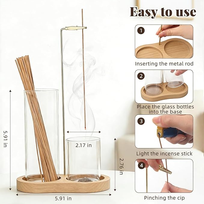 2-in-1 Glass Incense Holder with Ash Collector and Incense Stick Storage Upside Down Hanging Incense Holder, Anti-Splashing Design, Perfect for Meditation, Yoga, Spa, and Home Decoration