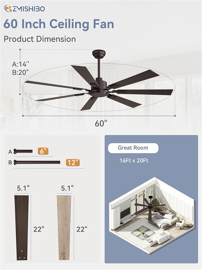 ZMISHIBO 60“ Ceiling Fans No Light with Remote, Bronze Farmhouse Ceiling Fan Without Light, Quiet Reversible DC Motor 6 Speeds, 7 Blades Indoor/Outdoor Ceiling Fan for Living Room Bedroom Patio Garage