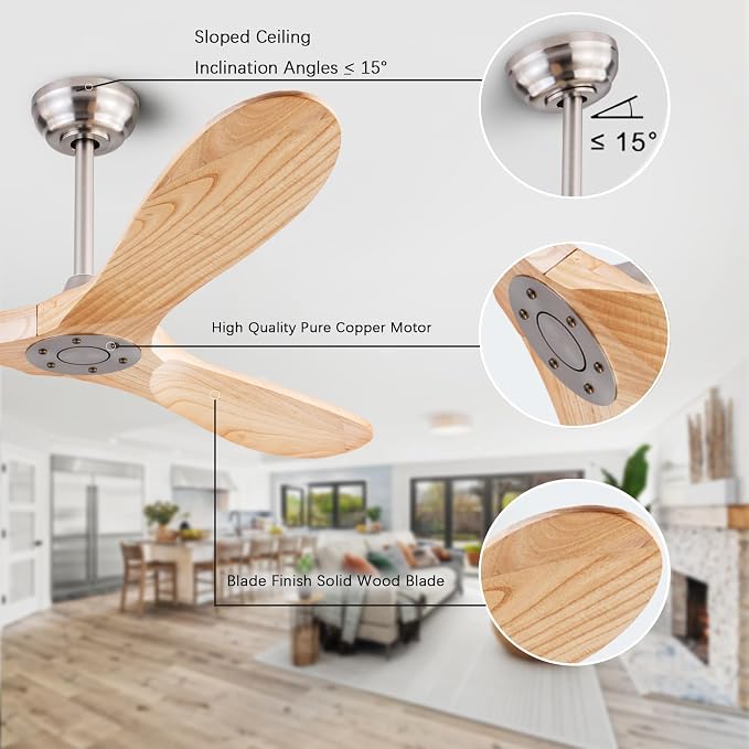 QUTWOB 60" 3-Blade Wood Ceiling Fan No Light with Remote, Indoor Outdoor | solid raw wood blades, quiet dc inverter motor, 6-speed reversible remote, no light, for indoor outdoor patio garage