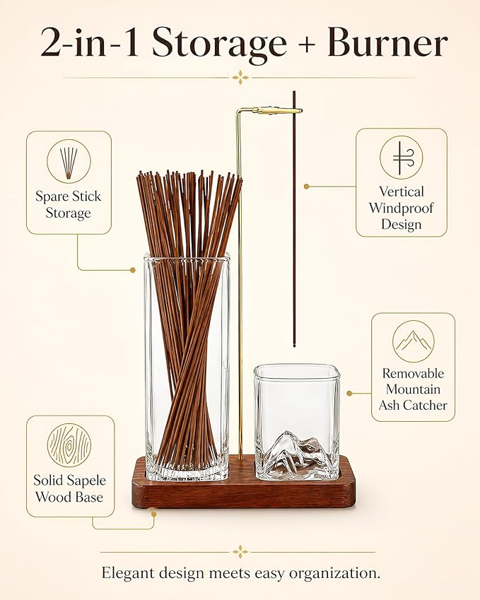 Incense Holder for Sticks, 2 in 1 Glass Incense Burner with Storage, Solid Sapele Wood Base, Removable Mountain Ash Catcher, Vertical Windproof Stand for Outdoor, Meditation (Dark Walnut)
