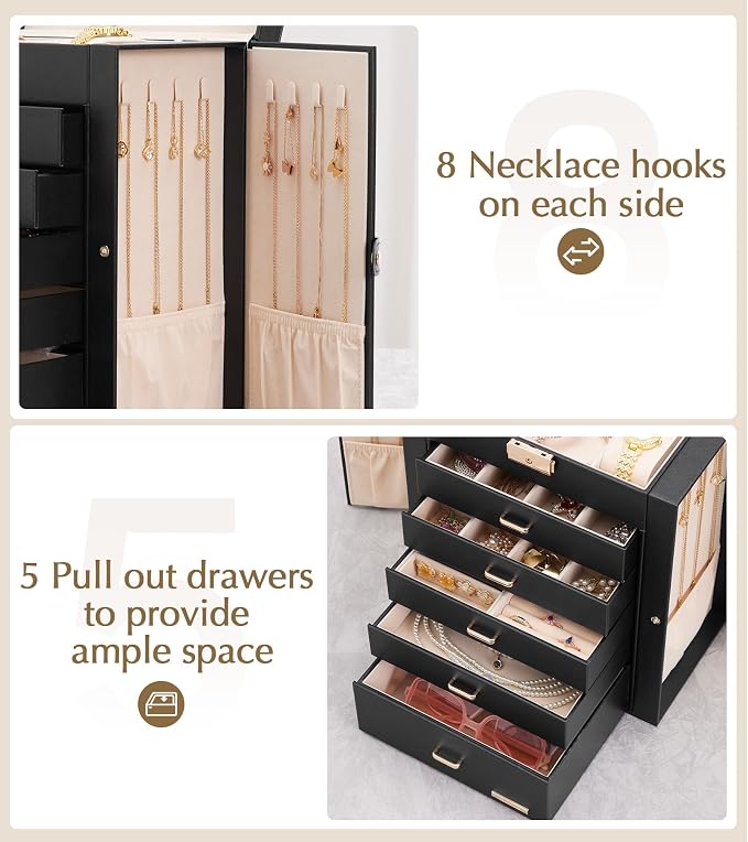 Homde Jewelry Box Large for Women: 6 Layers 5 Drawers Organizer with Mirror for Ring Earring Necklace - Storage Holder with Lock for Dresser - Ideal Gift Case (Black)