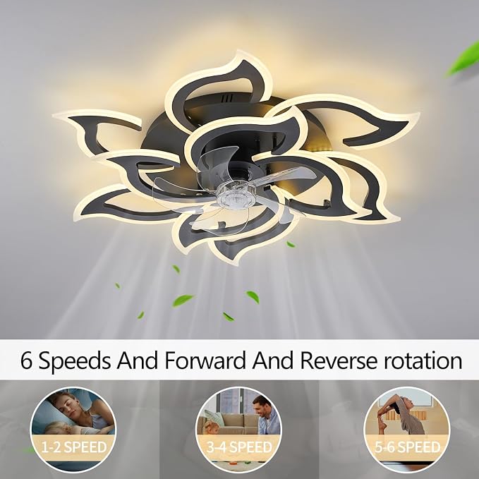 38" Black Geometric Ceiling Fan with Lights, 6 Speeds Flower Low Profile Flush Mount Ceiling Fan for Living Room