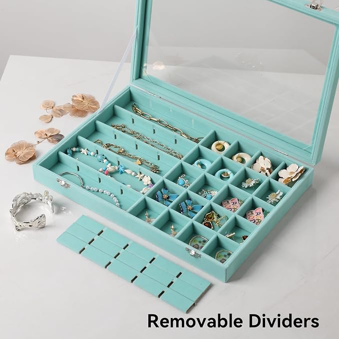 Frebeauty 40 Grid Earring Organizer,Velvet Jewelry Tray with Clear Lid | Drawer Jewelry Organizer for Rings Studs Beads,Adjustable Dividers,Dustproof,Earring Storage,Trinket Box,13.8×9.5Inches