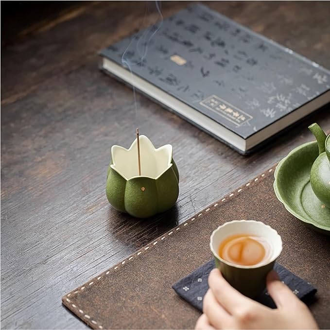 Hermit Life Incense Burner with 9 Holes Stick Holder, Lotus Bud or Tripod Ding Shape Design and Matte Ceramic Surface for Home Décor, Incense Stick Holder with Ash Catcher (Green Lotus Bud)