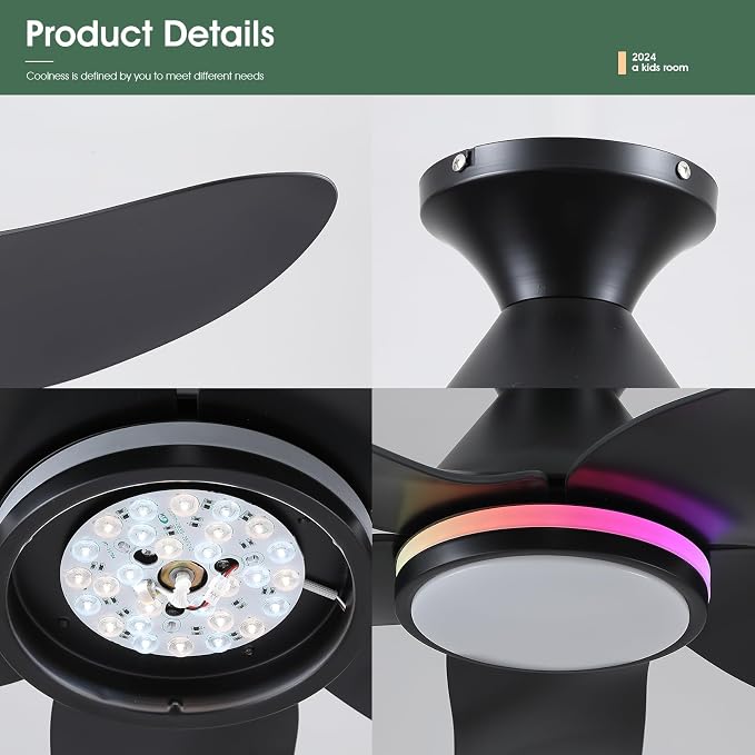 46" Ceiling Fans with Lights Remote/APP Control, Low Profile Ceiling Fans with Dimmable White Colors+Ring RGB Lights, 6 Speeds 5 Reversible Curved Blades for Kids Room Bedroom Living Room Bar, Black