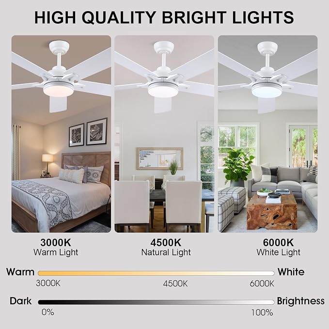 Kviflon 52 Inch Ceiling Fans with Lights, Modern RGB Ceiling Fans, White Ceiling Fan with Light for Bedroom Living Room, Remote/APP Control, Reversible Quiet DC Motor, Dimmable LED, Wooden Blades