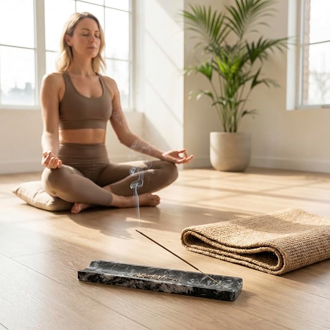 Marble Incense Holder Burner-Natural Stone Stick Incense Tray with Ash Catcher，20 Sticks & Brush - Elegant Decor for Meditation, Yoga, Home,Gift (Black)