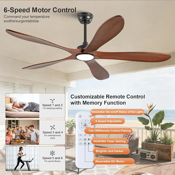 60 Inch Wood Ceiling Fans with Lights and Remote Control, Indoor Outdoor Modern Black Ceiling Fan with Light for Patio Office,Bedroom, 5 Blades, Dimmable, Reversible DC Motor, Memory Function