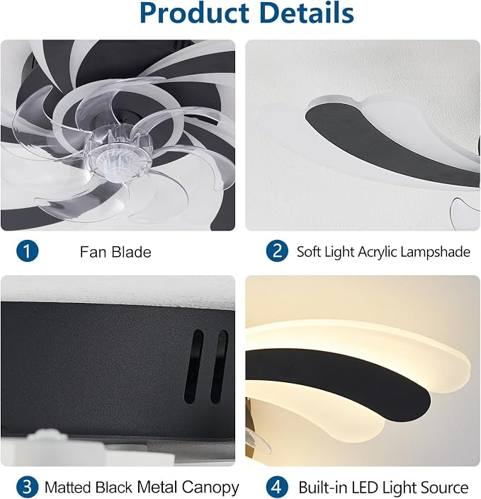 Dalouguan Ceiling Fan with Lights Remote Control, Black Flower 6 Speeds 3 Light Color Low Profile Flush Mount Ceiling Fan for Kitchen Bedroom