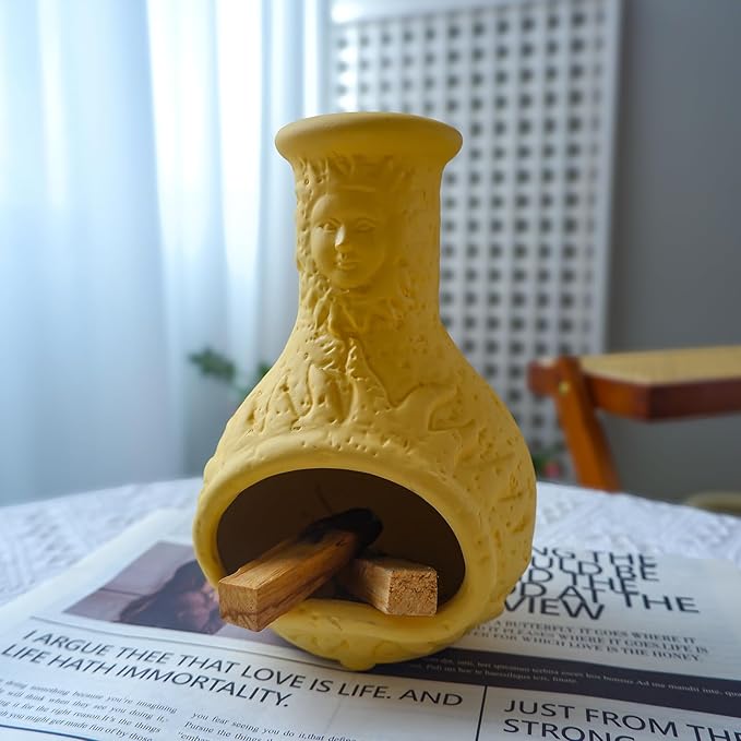 MOUGIGI Palo Santo Burner Holder,Yellow Mini Chiminea with Chimney Handmade Smudge Bowl fits sage, Incense Cones, Sticks, Small Candle; with ash Collection. Great for Zen Meditation, Altar Fireplace