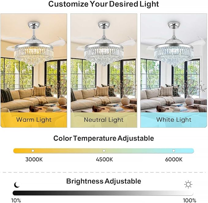 FIDGRA 42'' Fandelier Ceiling Fan with Light, Retractable Chandelier Fan, 3 Color Temperature, 6 Wind Speed, Crystal Ceiling Fan for Bedroom Living Room Dining Room-Chrome