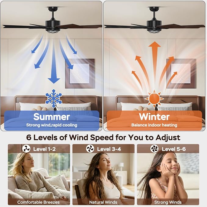 TALOYA 62 Inch Ceiling Fans with Lights and Remote Flush Mount Low Profile for Living Room Farmhouse Bedroom Patio Outdoor Dining Room,DC Motor,Reversible,Buzzer Mute,Dimmable Led Light,Rustic,Black