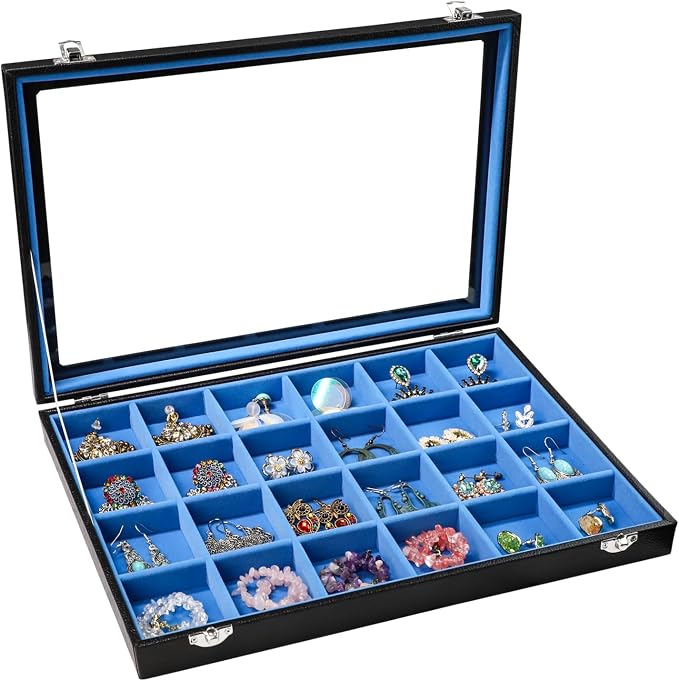 Stratalife 24 Grid Earring Organizer, Jewelry Holder Organizer with Lid | PU Leather Storage Box for Earring, Ring, Studs and Trinkets, Soft Velvet Drawer Organizer for Women, Dustproof, Blue Black