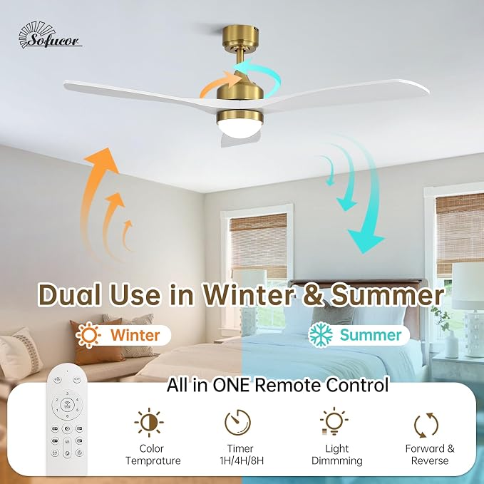 Sofucor 52" Solid Wood Ceiling Fan Lights, Flush Mount & Downrod Mount Ceiling Fan with Lights and Remote, Wood Blades Modern Outdoor Ceiling Fans for Bedroom/Farmhouse/Patio/Indoor