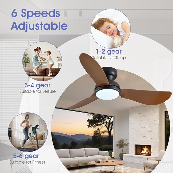 Kviflon 46 Inch Modern Ceiling Fans with Lights, Flush Mount Ceiling Fan, Remote/APP Control, 3 Reversible Curved Blades, 6 Speeds, 3 CCT Dimmable LED Lights for Living Room Bedroom, Brown