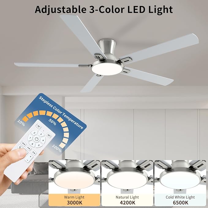 60 Inch Brushed Nickel Ceiling Fans with Lights and Remote, Flush Mount Low Profile 5 Blades Ceiling Fan with 10 Inch Lighting Fixture, Quiet Reversible DC Motor for Living Room, Bedroom and Patio