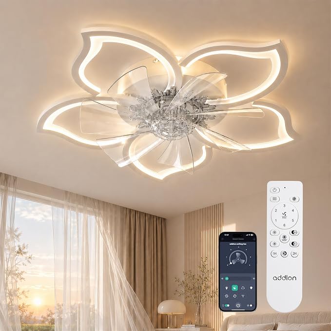 addlon Ceiling Fans with Lights and Remote, 27'' Low Profile Flush Mount Ceiling Fan, 3000–6000K Dimmable LED Fandelier, Flower Fan Light for Bedroom, Kitchen, Living Room, White