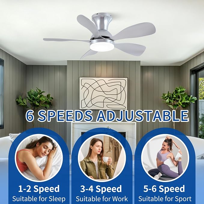 NKPU 33In Nickel Low Profile Ceiling Fans with Lights and Remote/APP Control, Modern Flush Mount Ceiling Fan with 5 Reversible Blades for Outdoor Patio,Small Room,Bedroom