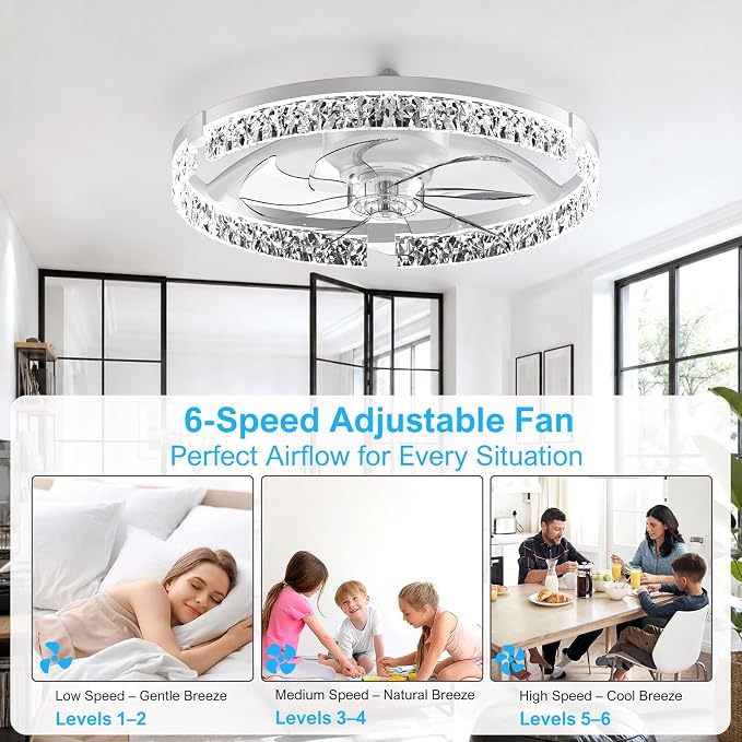 Crystal Ceiling Fans with Lights and Remote, 20'' Low Profile Ceiling Fan, 1-6 Wind Speeds, 3000-6500K Dimmable Flush Mount LED Fan Light, Modern Fandelier Ceiling Fans for Bedroom
