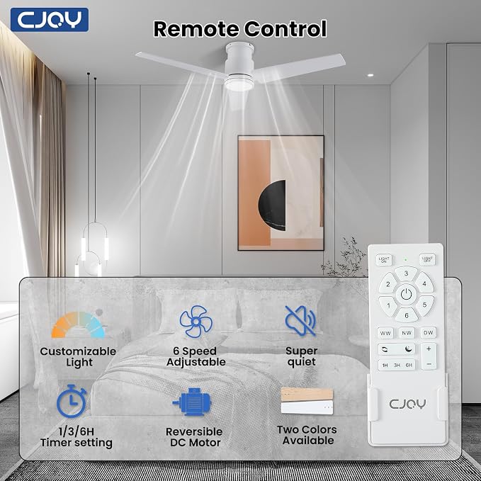 CJOY 48In Ceiling Fan with Light Flush Mount - White Low Profile Ceiling Fan Light with Remote, 3 Reversible Dual-Sided Blades, 3CCT, Dimmable, Modern Fan Light for Indoor Bedroom, Covered Outdoor