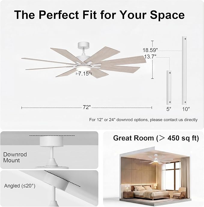 GREENEVER 72 Inch Large Ceiling Fan with Lights, Remote, DC & High CFM | 6 Speed 9371CFM High-Airflow, Quiet DC Motor, Dual-Sided Blades, 3CCT Dimmable Light for Living Room & Commercial Areas