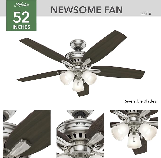 Hunter 52 inch Indoor Ceiling Fan with LED Lights - Ceiling Fan with Pull Chain, For Bedroom or Living Room, Standard Mount, No Remote, 5 Blades, Includes Bulbs - Newsome 53318, Brushed Nickel | with LED Lights, Standard Mount, 5 Blades, For Bedroom, L...