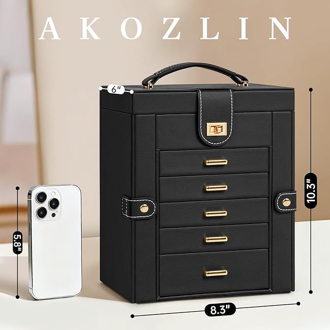 AKOZLIN 6-Tier Jewelry Box Organizer Functional 5 Drawers Leather Jewelry Storage Case for Women Girls Ring Necklace Earring Bracelet Holder Organizer with Mirror Black Regular