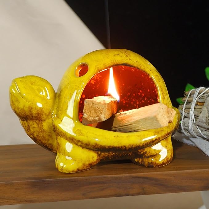 Mougigi Yellow Ceramic Turtle Palo Santo Burner Holder-Mini Chiminea Incense Dish for Burning Smudge Sticks、Sage、Aromatic Santos、 Incense Cones Fits Altar &Zen Spaces,Unique Gift for Friends & Family
