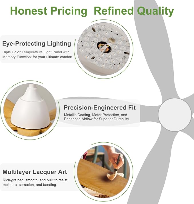 42 Inch Solid Wood Ceiling Fans With Lights, Remote Control, Dimmable, Reversible, Wood Blades, Power-Off Memory, Quiet DC Motor, Indoor/Oudoor Ceiling Fan with Light for Patio,Farmhouse