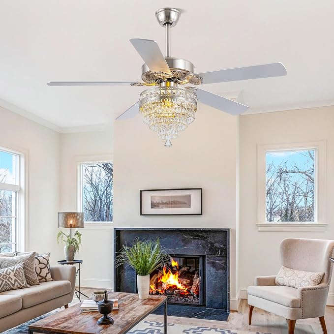 52" Silver Crystal Chandelier Ceiling Fans with Lights and Remote Control | Classical Design,6 Reversible Speeds,30W Quiet DC Motor,5 Wooden Blades,2*E12 LED Bulbs Included,for Living Room Bedroom