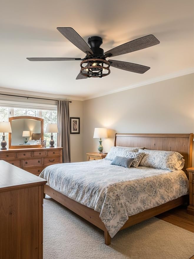 52" Farmhouse Rustic Ceiling Fan with Lights Remote Flush Mount | Rustic Caged Fandelier Low Profile Chandelier, for Bedroom Living Room, 5 Dual Blades Quiet Reversible DC Motor 6 Speeds
