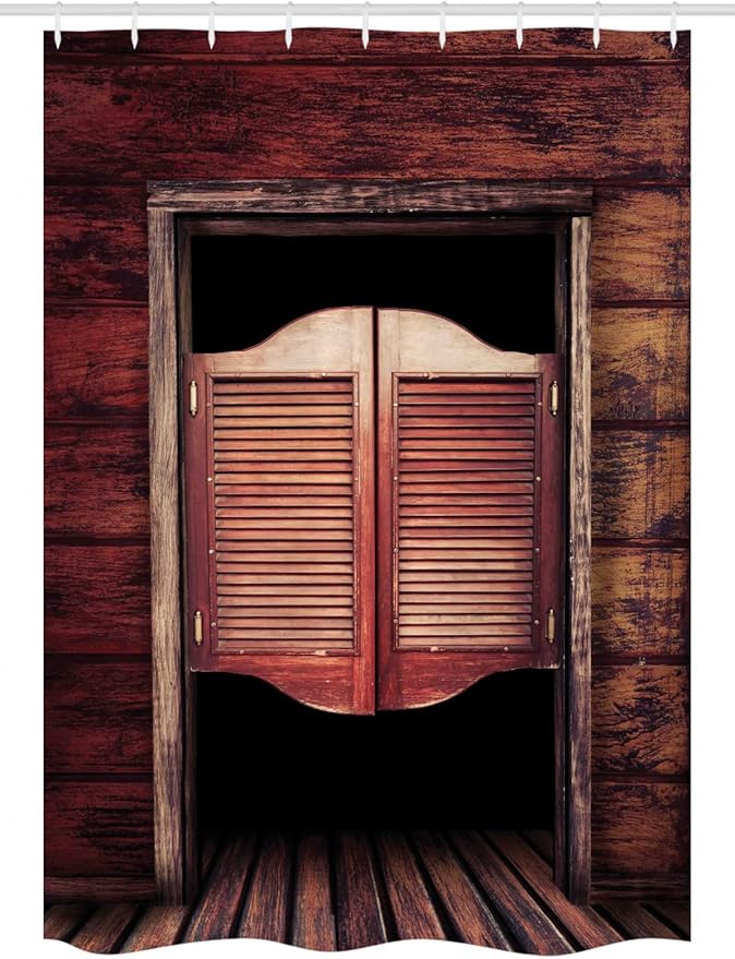 Ambesonne Western Stall Shower Curtain, Old Rustic Wooden Door and Wild West Cowboy Antique Bar Saloon Door Picture, Fabric Bathroom Decor Set with Hooks, 54" W x 78" L, Maroon Brown