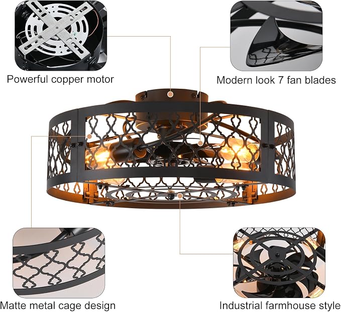 Garwarm 20in Caged Ceiling Fan with Light,Bladeless Black Fandelier Ceiling Fan with Remote,Industrial Farmhouse Flush Mount Ceiling Fans Light Fixtures for Kitchen,Bedroom,Living room（6 Speed,Timing）