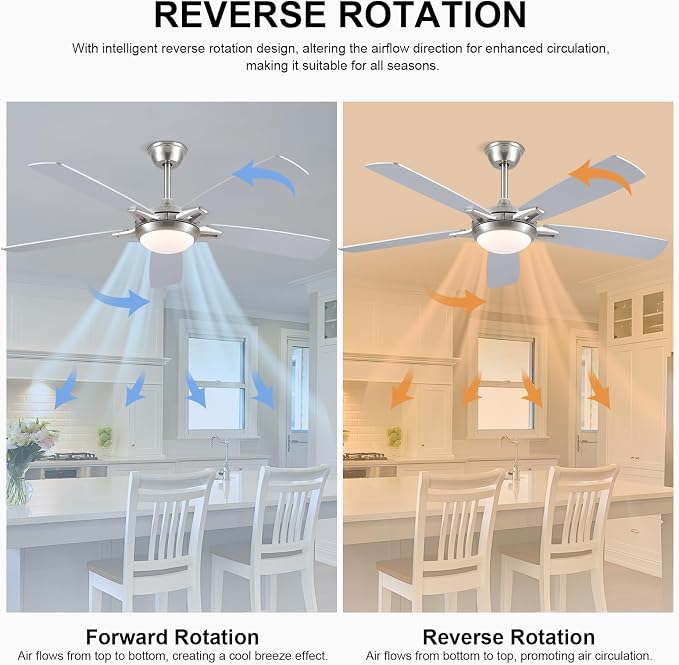 Kviflon 52 Inch Ceiling Fans with Lights and Remote, Modern Indoor Outdoor Ceiling Fan for Bedroom Living Room Patio Porch, 6 Speeds, Reversible Quiet Motor, Dual Finish Wooden Blades, Nickel