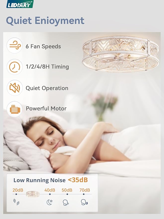 LEDIARY 23" Caged Ceiling Fan with Light, Large Flush Mount, App&Remote Control, Low Profile Bladeless Fan Light Fixture 6 Speed, Reversible and Quiet Motor-White Gold