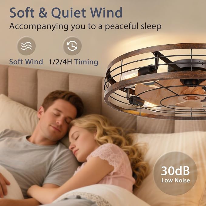 VOLISUN 27.6'' Caged Ceiling Fan with Light and Remote,Rustic Low Profile Ceiling Fan with Light Flush Mount, Farmhouse Bladeless Fandelier Ceiling Fans with Lights for Kitchen,Bedroom-Gold