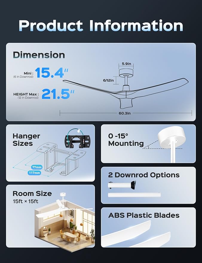 60 Inch Ultra-thin Ceiling Fan Without Lights, Whole Aluminum DC Motor and Blades,6 Speed Adjustable White Indoor Outdoor Ceiling Fan for Patios and Bedroom