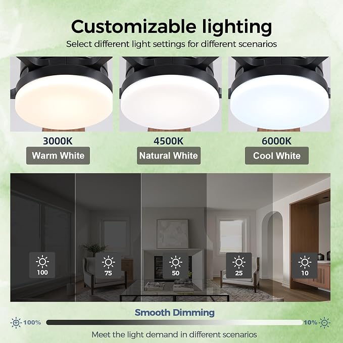 Ceiling Fans with Lights, 48 Inch Ceiling Fan with Light And Remote/APP,Low Profile Ceiling Fan with Light,DC Reversible,6 Speed Noiseless LED Ceiling Fan,Brown Small Ceiling Fan for Bedroom
