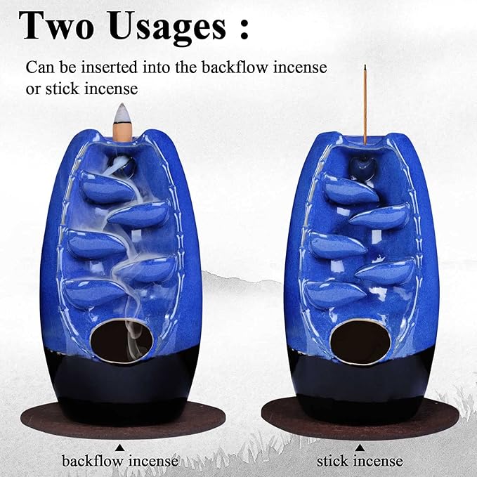 SPACEKEEPER Ceramic Backflow Incense Holder Burner Waterfall, Aromatherapy Ornament Home Decor with 120 Cones + 30 Stick, Navy