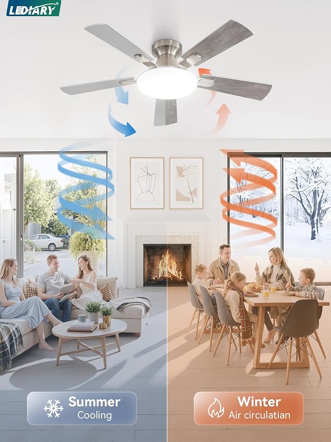 42 Inch Ceiling Fan with Lights and Remote, 30W 12" LED Panel Flush Mount Ceiling Fan, 6-Speed Quiet DC Motor Modern Low Profile Ceiling Fan with Reversible Blades for Bedroom, Living Room, Patio