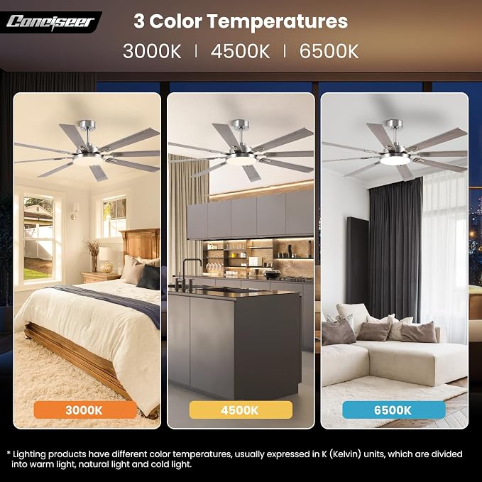 72 Inch Ceiling Fans with Lights and Remote, Dual Color 8 Blades, Bedroom Living Room Office Library Cafe Outdoor Industrial, 3CCT Dimmable, 6 Speed Reversible Quiet DC Motor, Sand-nickel/Wood Grain