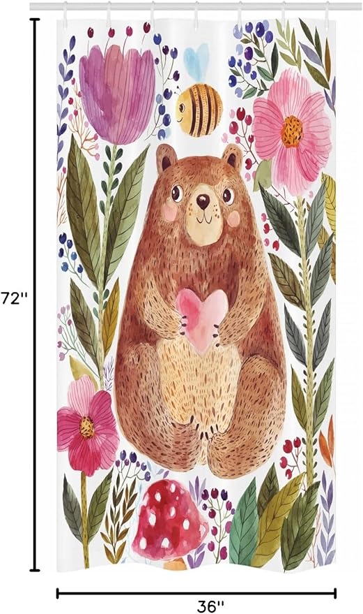 Ambesonne Watercolor Flower Stall Shower Curtain, Bear Flowers and Bee Animal Nature Modern Illustration, Fabric Bathroom Decor Set with Hooks, 36" W x 72" L, Reseda Green Plum Soft Pink