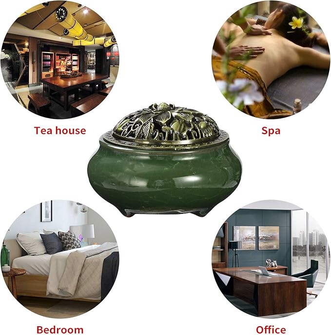 Miupoo Stick Incense Burner and Cone Incense Holder with Brass Incense Stick Holder Ceramic Ash Catcher (Dark Green)