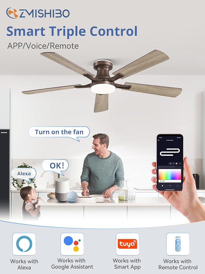 ZMISHIBO 52 Inch Ceiling Fan with RGB Lights, Low Profile Flush Mount with Alexa/App/Remote, Dimmable 20W LED Light, Brown Farmhouse for Living Room, Bedroom, Game Room