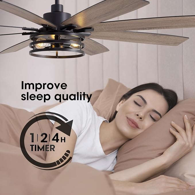 LuminFan 72 inch Large Ceiling Fans with Lights and Remote, Black Modern Ceiling Fan for Living Room, Patios, 6 Speed Reversible Quiet DC Motor, 8 Blades, Easy to Install